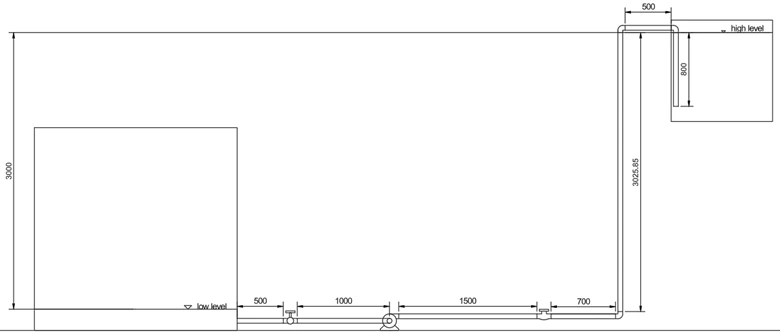 Molasses pumping system using rotary lobe pump between storage tank and elevated receiving tank